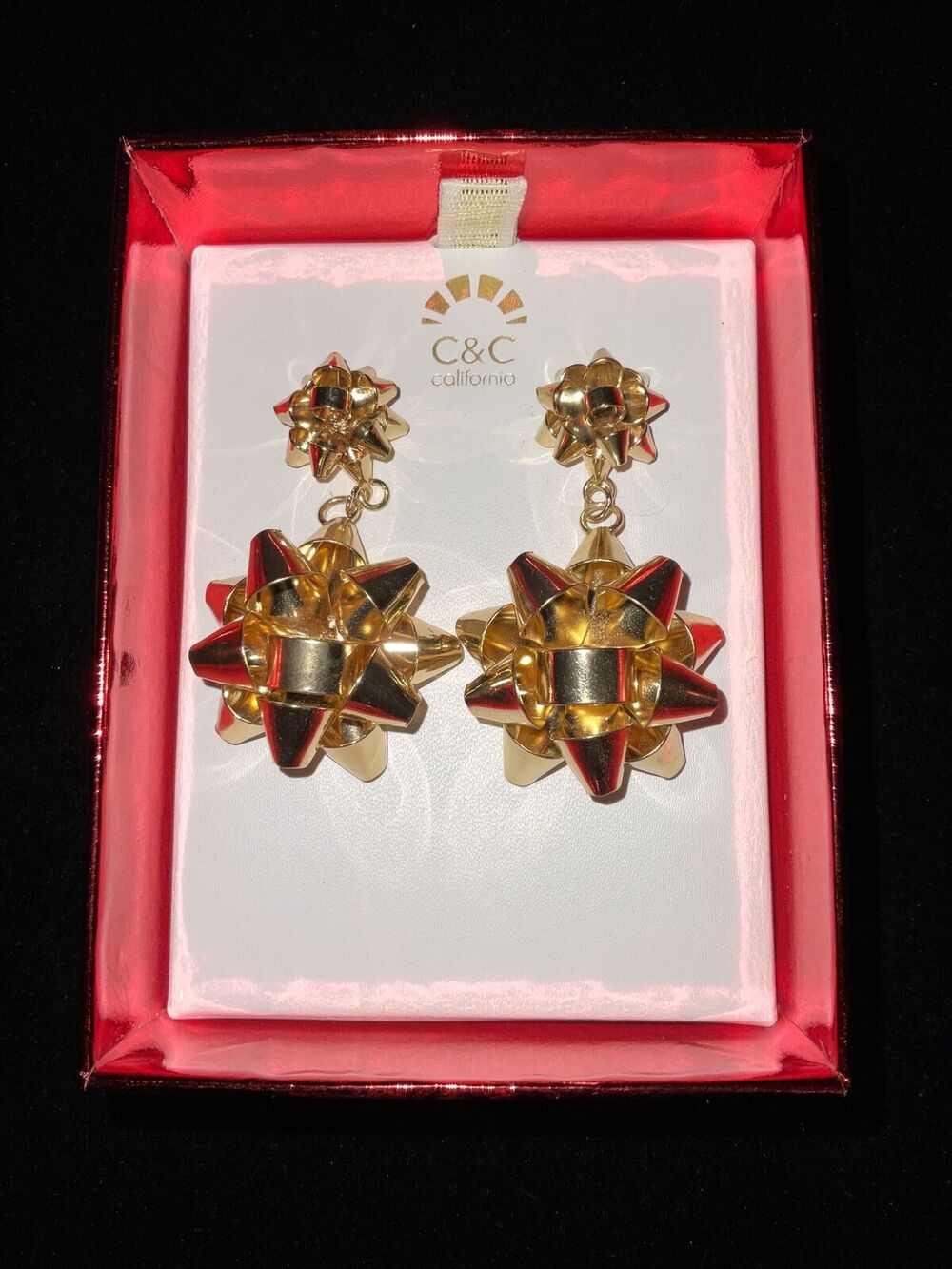NEW C&C California Gold Bow Gold Tone Dangle Earrings Christmas Holiday